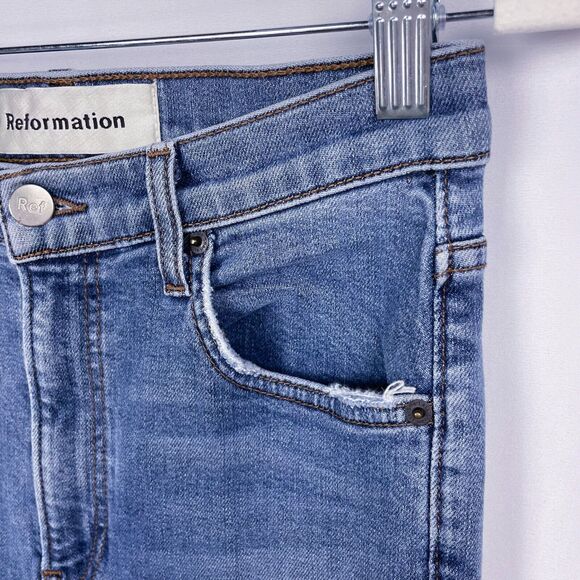 Reformation Jeans Size 27 Blue Denim High & Skinny Rhine Wash Distressed Biker - Picture 6 of 16